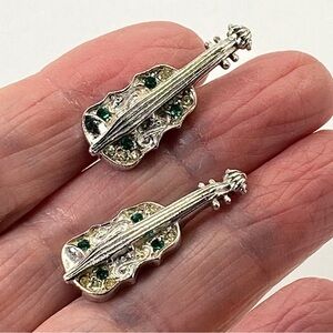 Vintage Silvertone Violin Rhinestones Screw-On Earrings
